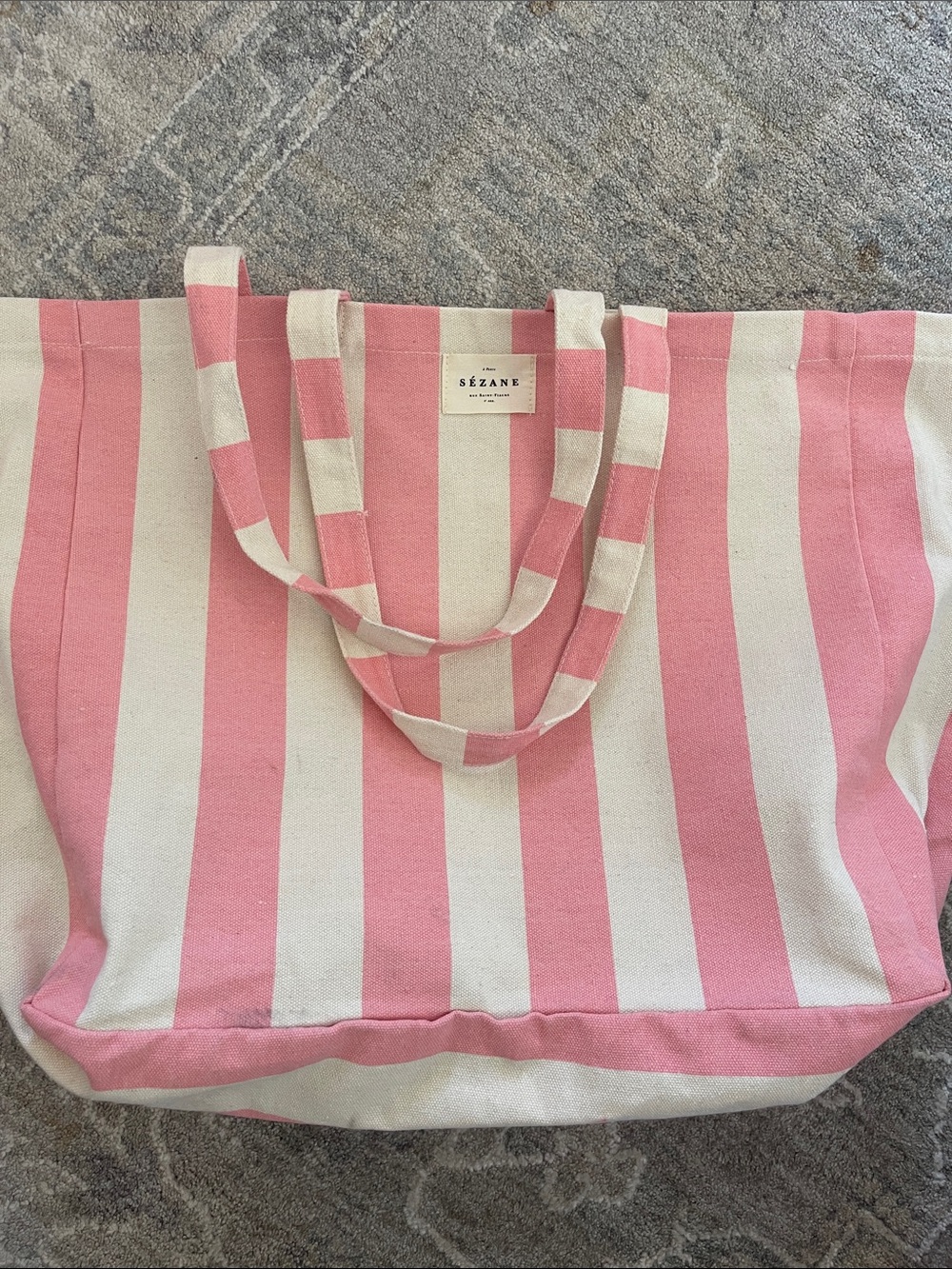 Sezane Pink & Cream Striped Canvas Tote Bag